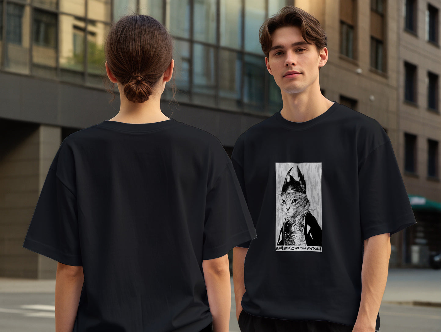 The Cat it's 545 Over Size T-Shirt (Tişört) (Renk: Siyah-Beyaz) (545TSHO0021)