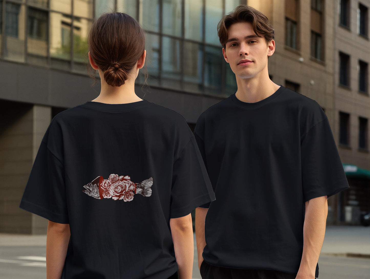 Fish & Rose it's 545 Over Size T-Shirt (Tişört) (Renk: Siyah-Beyaz) (545TSHO0022)