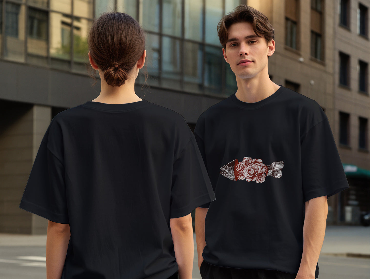 Fish & Rose it's 545 Over Size T-Shirt (Tişört) (Renk: Siyah-Beyaz) (545TSHO0022)